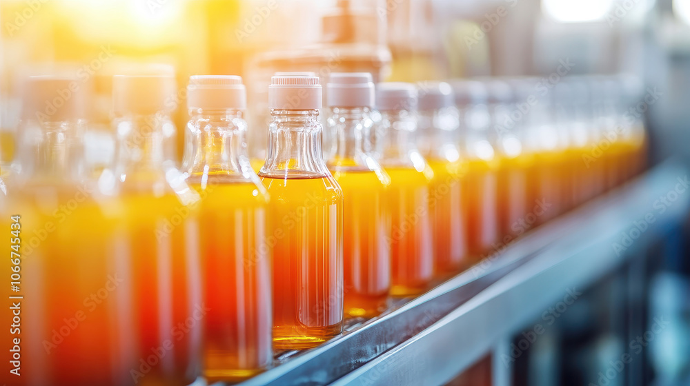 Row of glass bottles filled with vibrant orange liquid, showcasing a modern production line illuminated by warm sunlight. Row of glass bottles filled with vibrant orange liquid, showcasing a modern production line illuminated by warm sunlight.