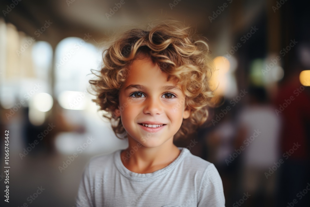Portrait of a cute little boy with curly hair in a cafe Portrait of a cute little boy with curly hair in a cafe