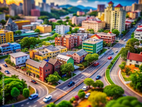 Tilt-Shift Photography of a Fascinating 'T' Shaped Cityscape with Miniature Effect, Showcasing Urban Life, Roads, and Buildings in a Vibrant Color Palette for Stunning Visual Impact