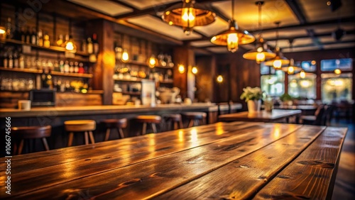 Tilt-Shift Photography of a Cozy Bar with Blurred Background and Empty Wooden Table for Product Display - Ideal for Food and Beverage Marketing, Interior Design, and Hospitality Promotion