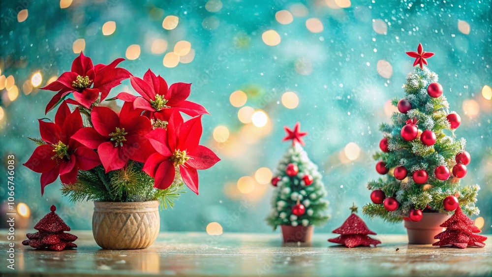 Tilt-Shift Photography of Red Flowers with Mini Christmas Tree Ornaments on Light Blue Textured Background for Festive Decor and Floral Inspiration Tilt-Shift Photography of Red Flowers with Mini Christmas Tree Ornaments on Light Blue Textured Background for Festive Decor and Floral Inspiration