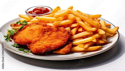 A plate with chicken schnitzel and French fries set against a clear backdrop