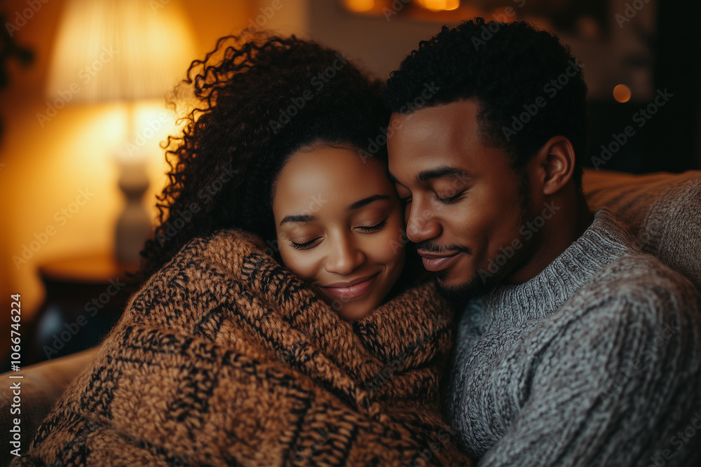 Cozy couple snuggling under a blanket at home Cozy couple snuggling under a blanket at home