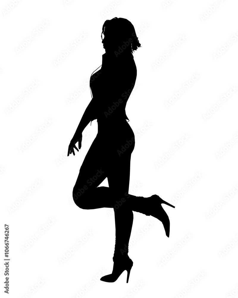Silhouette of a girl in trousers, shirt and high heels. The girl stands with one leg raised back and one hand raised to her head. Vector illustration. Silhouette of a girl in trousers, shirt and high heels. The girl stands with one leg raised back and one hand raised to her head. Vector illustration.