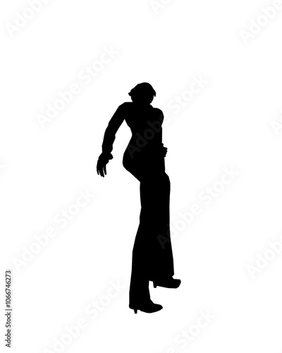 Silhouette of a girl in trousers, shirt and glasses. The girl stands with one leg forward and one hand on her hip. Vector illustration.