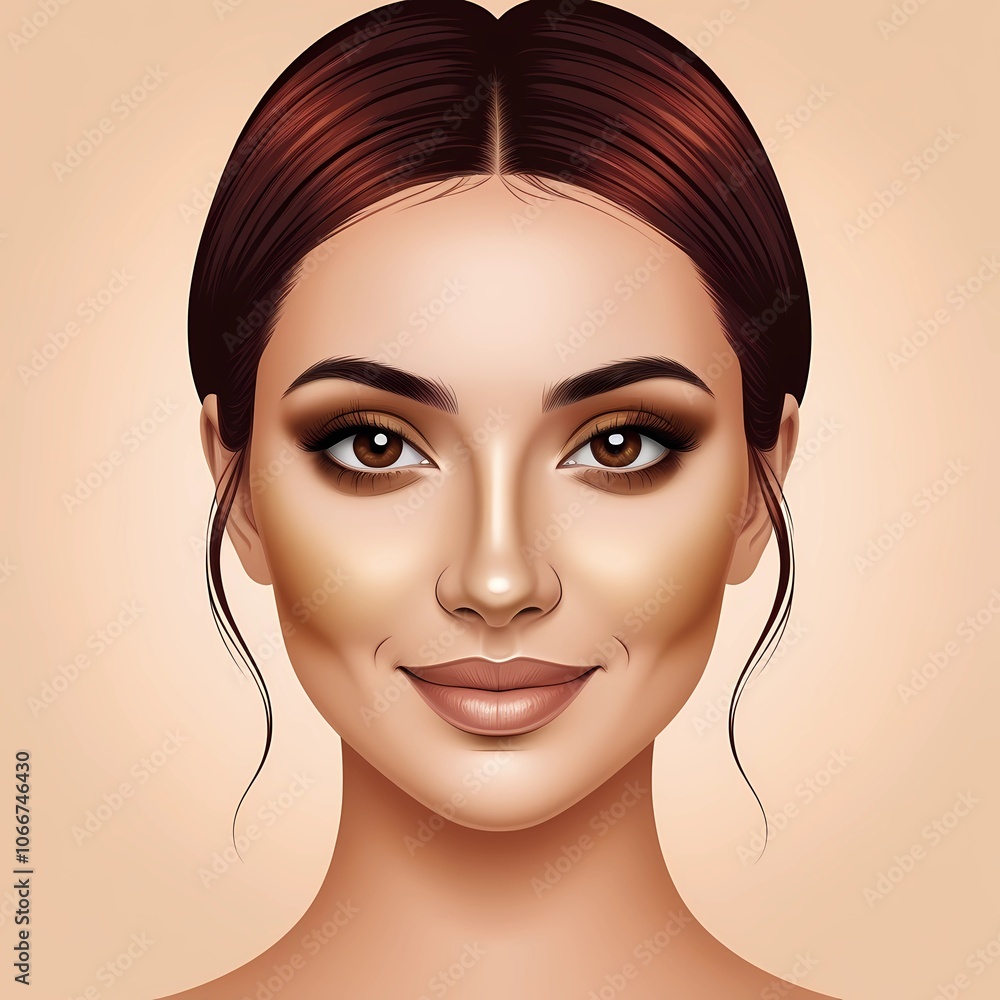 Realistic illustration of a smiling woman, fashion style, radiating warmth and happiness. Realistic illustration of a smiling woman, fashion style, radiating warmth and happiness.