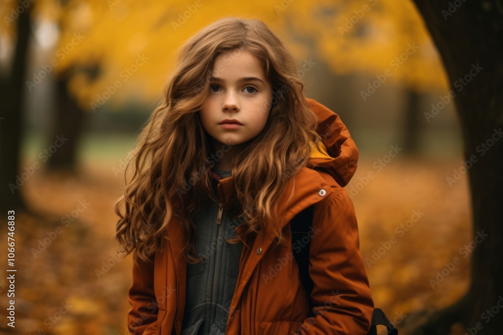 Portrait of a beautiful little girl in an orange coat on a background of yellow autumn trees. Portrait of a beautiful little girl in an orange coat on a background of yellow autumn trees.