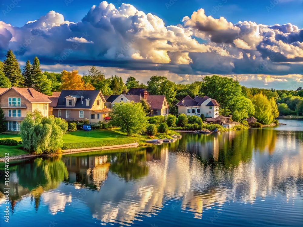 Fototapeta premium Tranquil Lakefront Homes Surrounded by Lush Greenery Under an Ominous Sky – Summer Landscape