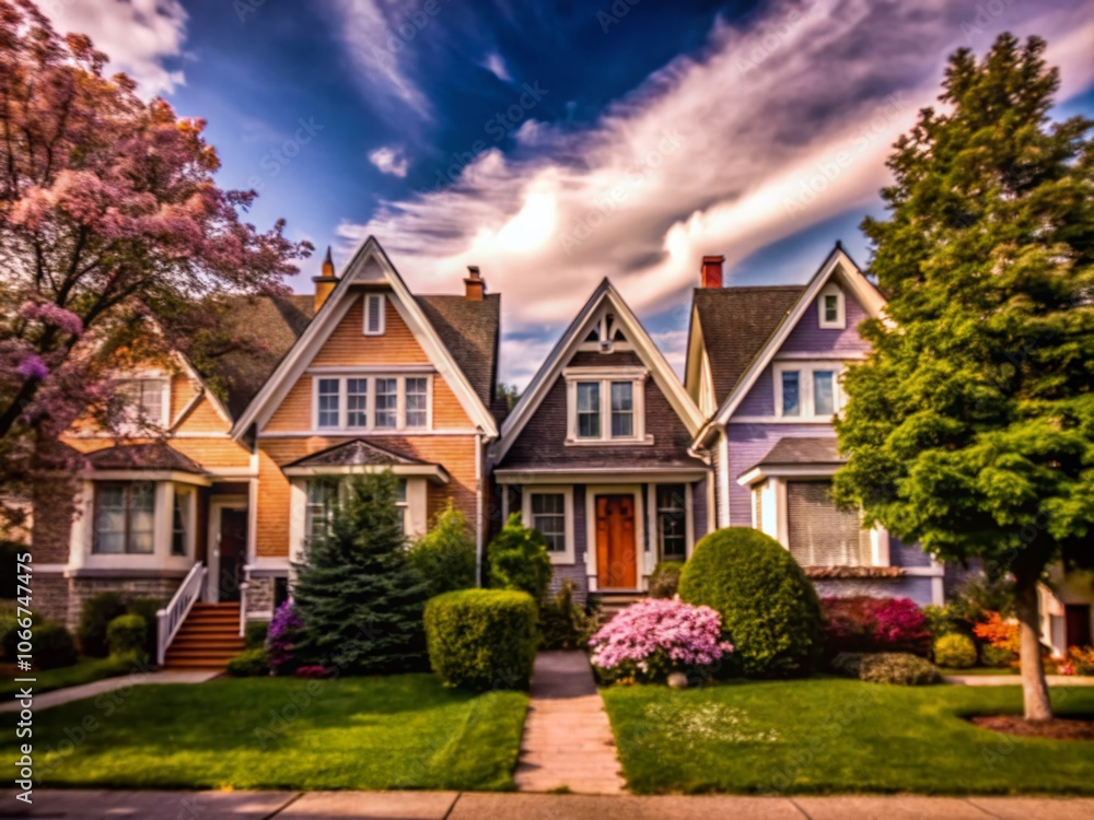 Tranquil Neighborhood Scene Featuring Three Houses and a Majestic Tree - Perfect for Real Estate, Home Design, and Nature Photography Tranquil Neighborhood Scene Featuring Three Houses and a Majestic Tree - Perfect for Real Estate, Home Design, and Nature Photography