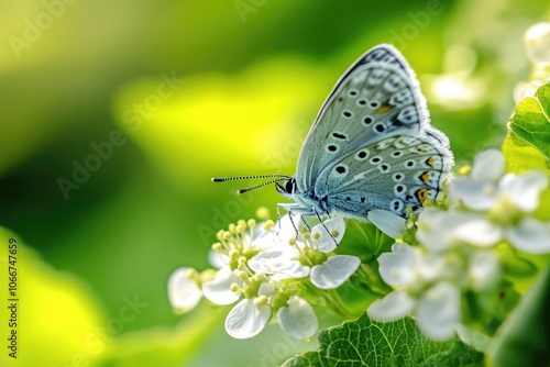 A blue butterfly perched on the petals of a white flower