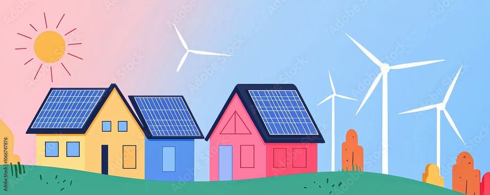 Solar-powered buildings in a green community, wind turbines in the background, showcasing renewable energy and eco-conscious urban design Solar-powered buildings in a green community, wind turbines in the background, showcasing renewable energy and eco-conscious urban design