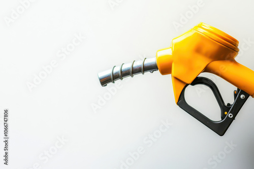 A close-up view of a yellow fuel nozzle against a minimalistic background, symbolizing energy and transportation.