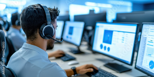 a customer support team close up, A focused customer service representative working at a computer with headphones, providing support in a modern office environment.
