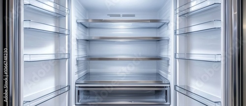 Stainless steel refrigerators with doors open, revealing spacious interiors, symbolizing organized food storage and modern appliance design