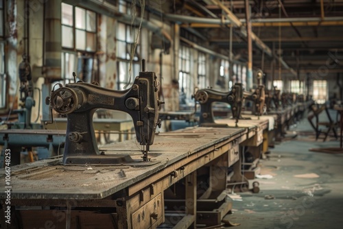 Manufacturing Textile. Abandoned Textile Factory with Sewing Machines in Old and Obsolete Workshop