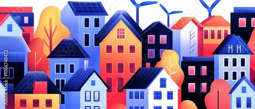 Sustainable neighborhood with rooftop solar panels and surrounding wind turbines, ideal for visuals on clean energy and environmental innovation