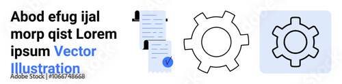 Two cogwheel icons and a checklist document with a checkmark. Ideal for workflow, process management, productivity, engineering, systems, task management, automation. Landing page