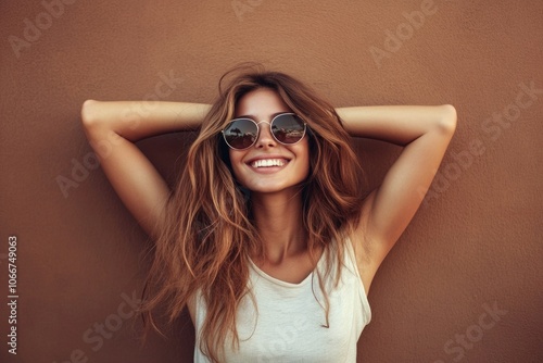 A young woman posing for a photo while wearing trendy sunglasses, suitable for use in lifestyle or fashion contexts