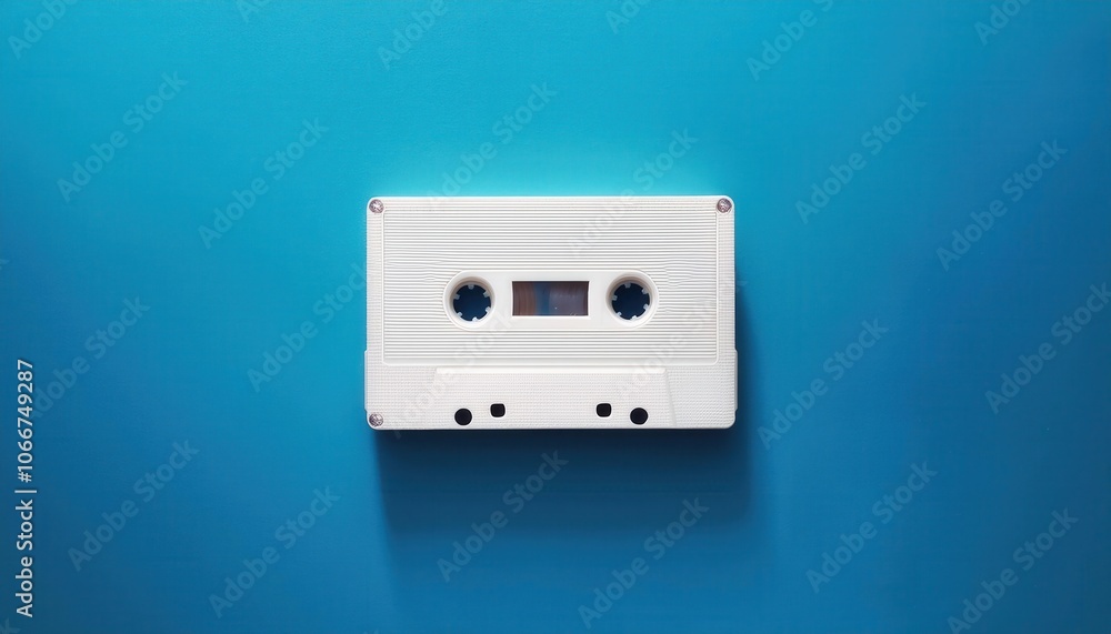 Obraz premium Minimalist Close-Up of Vintage White Cassette Tape on Aqua Background. Conceptual Representation of Nostalgic 1980s Media, Environmental Impact of Plastic Waste, and Analog Audio Technology