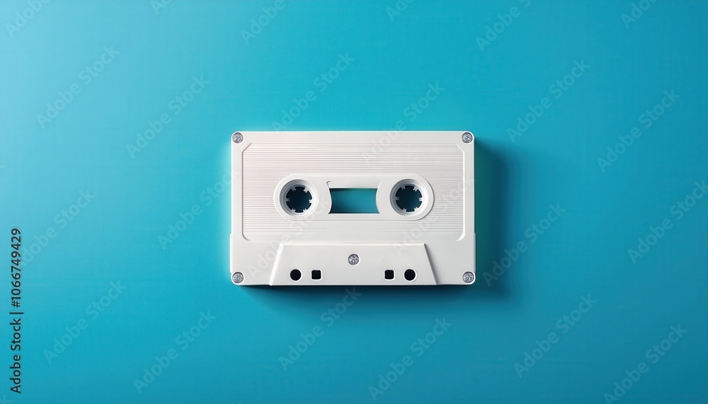 Fototapeta premium Minimalist Close-Up of Vintage White Cassette Tape on Aqua Background. Conceptual Representation of Nostalgic 1980s Media, Environmental Impact of Plastic Waste, and Analog Audio Technology
