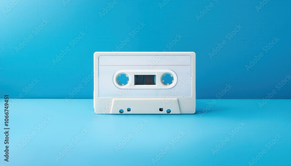 Fototapeta premium Minimalist Close-Up of Vintage White Cassette Tape on Aqua Background. Conceptual Representation of Nostalgic 1980s Media, Environmental Impact of Plastic Waste, and Analog Audio Technology