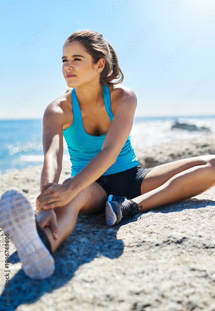Stretching, thinking and athlete with woman in nature for start, performance and running. Wellness, workout and exercise with person and muscle warm up for sports, marathon runner or outdoor training Stretching, thinking and athlete with woman in nature for start, performance and running. Wellness, workout and exercise with person and muscle warm up for sports, marathon runner or outdoor training