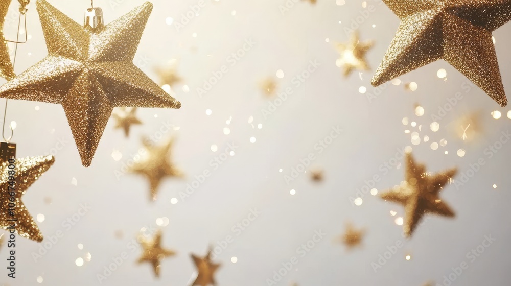 Enchanting Holiday Magic: Glittering Gold Stars and Sparkling Snowflakes on White Background Enchanting Holiday Magic: Glittering Gold Stars and Sparkling Snowflakes on White Background