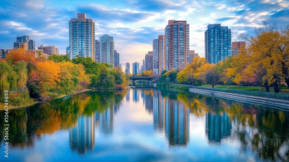 Fototapeta premium Serene Cityscape with Reflections in Calm Water