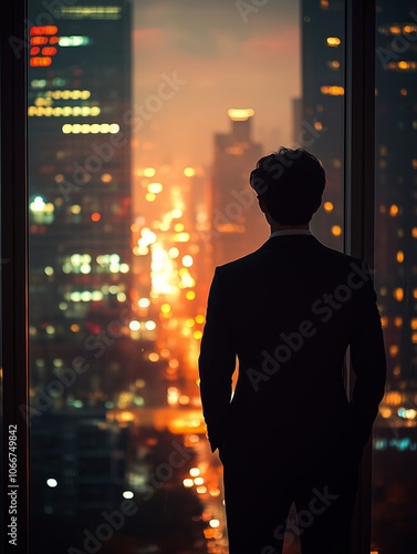 A gentleman with an old money style silhouette, gorgeous clothing, and charming temperament, overlooking Beijing from the window of a high-rise building 