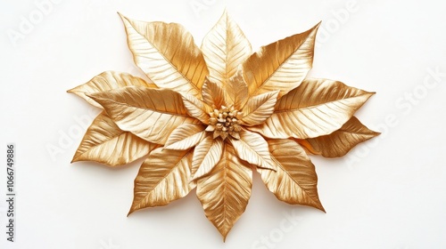 Radiant Gold Poinsettia Flower with Shimmering Leaves on White Background for Warm Holiday Glow