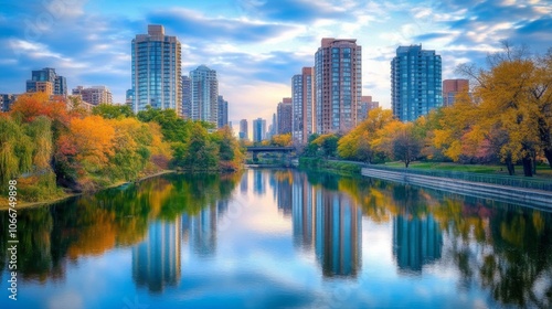 Serene Cityscape with Reflections in Calm Water