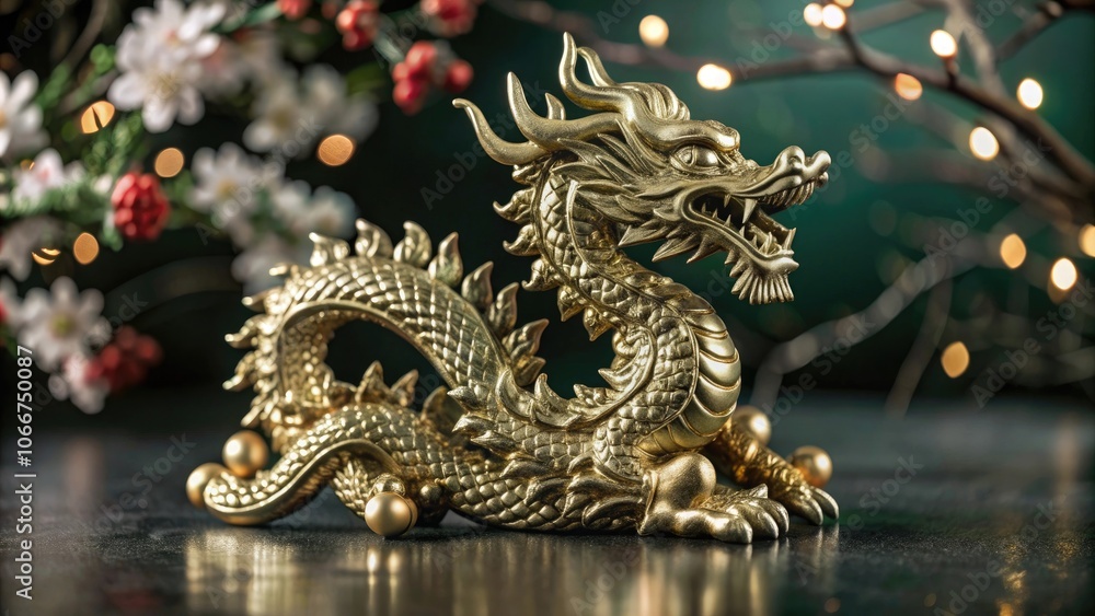 Fototapeta premium A beautifully crafted golden dragon figurine set against a blurred festive background, showcasing intricate details and vibrant colors.
