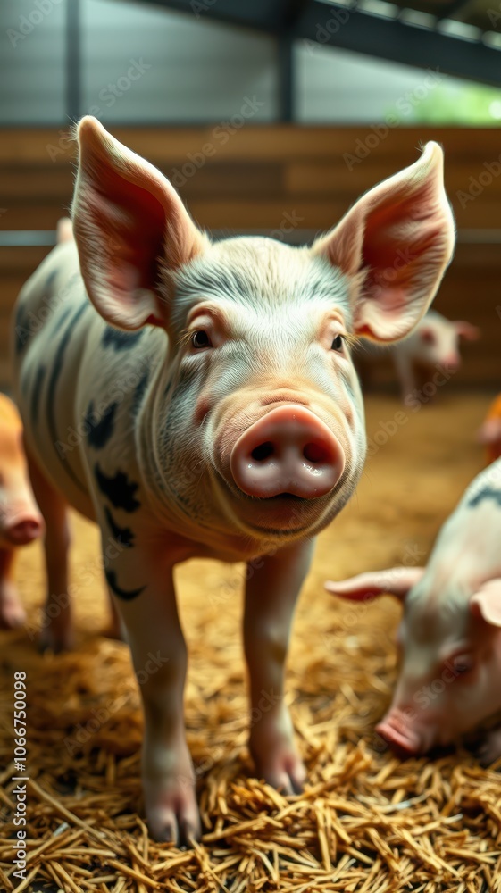 A piglet stands in a pen, looking directly at the camera with a curious expression A piglet stands in a pen, looking directly at the camera with a curious expression