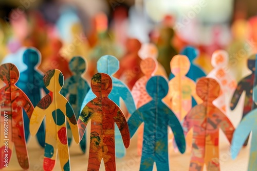 Wide-angle shot of paper figures gathered, emphasizing a sense of friendship and community, with a blurred background to highlight the figures