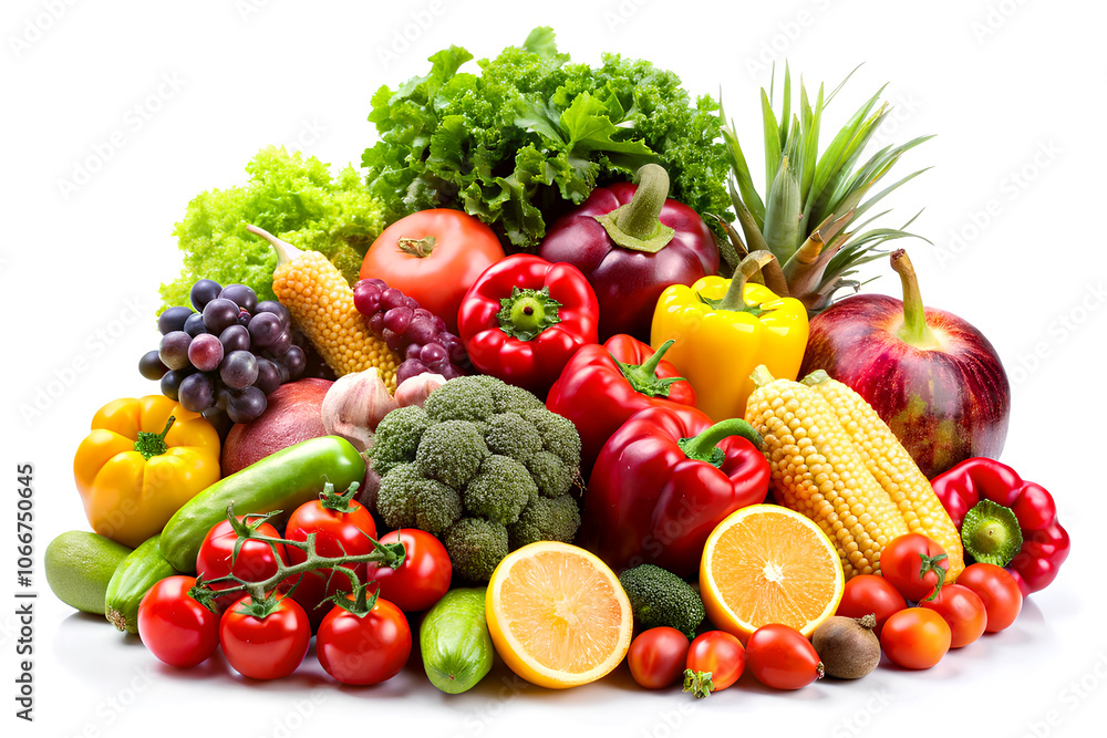 Fresh fruits and vegetables isolated on white background. Healthy food concept. Fresh fruits and vegetables isolated on white background. Healthy food concept.