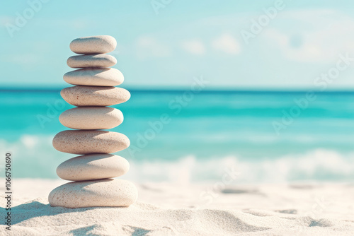 A serene stack of stones on a sandy beach, symbolizing balance and tranquility against a beautiful ocean backdrop. photo