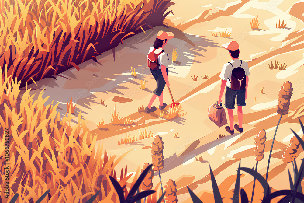 Obraz premium 畑と若いカップルの風景