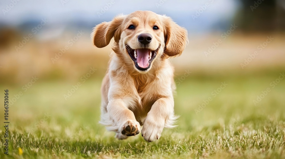 A Golden Retriever Puppy Running Joyfully Through a Field of Green Grass A Golden Retriever Puppy Running Joyfully Through a Field of Green Grass