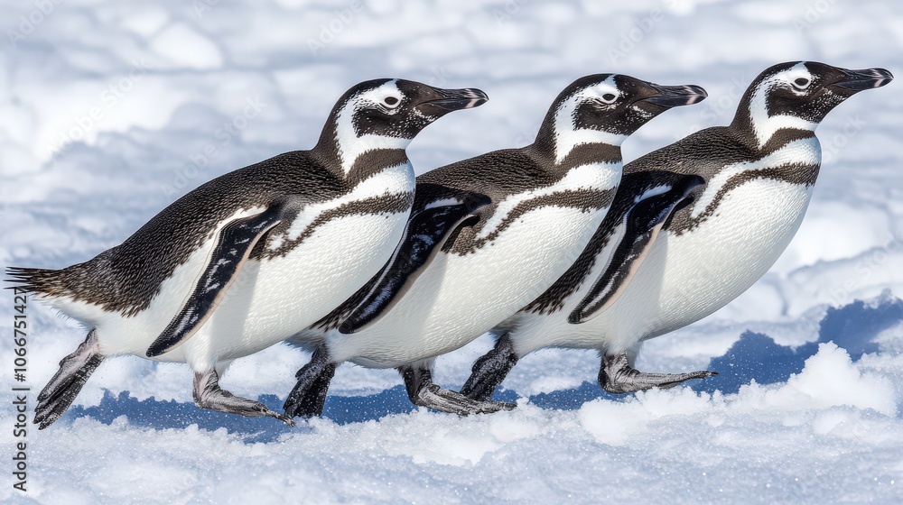 Obraz premium A group of penguins waddling across an icy landscape, with their bright black and white feathers contrasting sharply against the blue ice and white snow.