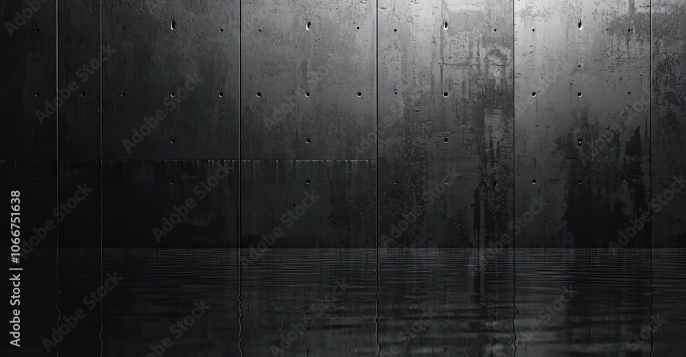 Abstract empty gray concrete room interior with a large wall and floor, a mock-up for the presentation of products, an abstract dark background with reflections Abstract empty gray concrete room interior with a large wall and floor, a mock-up for the presentation of products, an abstract dark background with reflections