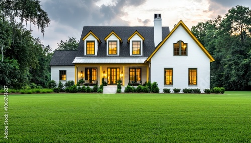 Elegant Georgian home, white with yellow trim, olive window frames, manicured.