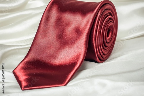 A rolled red satin tie resting on a smooth white fabric, showcasing elegance and style for formal occasions.