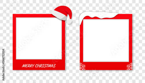 Christmas photo frame set with Santa Claus hat and snow on white background