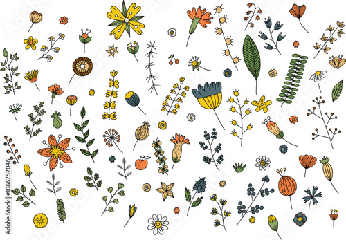 Bright stylized flowers and plants set