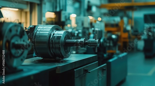 Close-Up of CNC Machine in Modern Industrial Factory with Blurred Background and Soft Warm Lighting