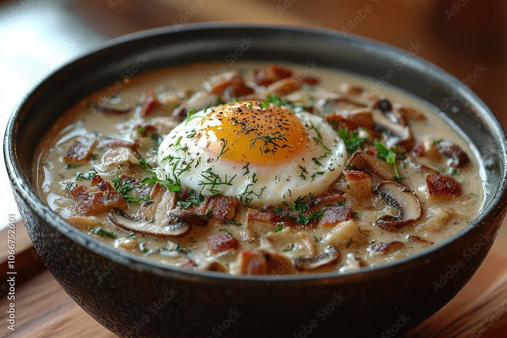 Creamy Mushroom Soup Topped with a Fried Egg and Herbs Creamy Mushroom Soup Topped with a Fried Egg and Herbs