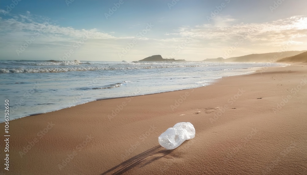 Discarded Plastic Bottle Littering a Serene Beach at Sunrise, Symbolizing the Growing Environmental Crisis of Ocean Pollution and the Impact of Single Use Plastics on Marine and Coastal Ecosystems Discarded Plastic Bottle Littering a Serene Beach at Sunrise, Symbolizing the Growing Environmental Crisis of Ocean Pollution and the Impact of Single Use Plastics on Marine and Coastal Ecosystems