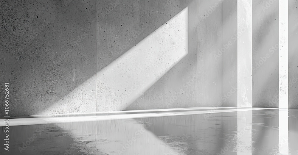 Abstract gray concrete wall background with floor and reflections, interior space for presentation or showcase of products. Design template for posters, banners