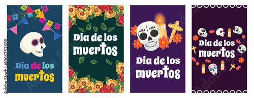 Collection of festive Day of the Dead cards featuring painted skulls, roses, candles, garlands, and floral decor