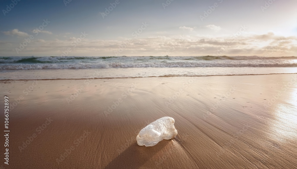 Discarded Plastic Bottle Littering a Serene Beach at Sunrise, Symbolizing the Growing Environmental Crisis of Ocean Pollution and the Impact of Single Use Plastics on Marine and Coastal Ecosystems